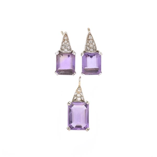 Set of pair of earrings and pendant in white gold, diamonds and amethyst