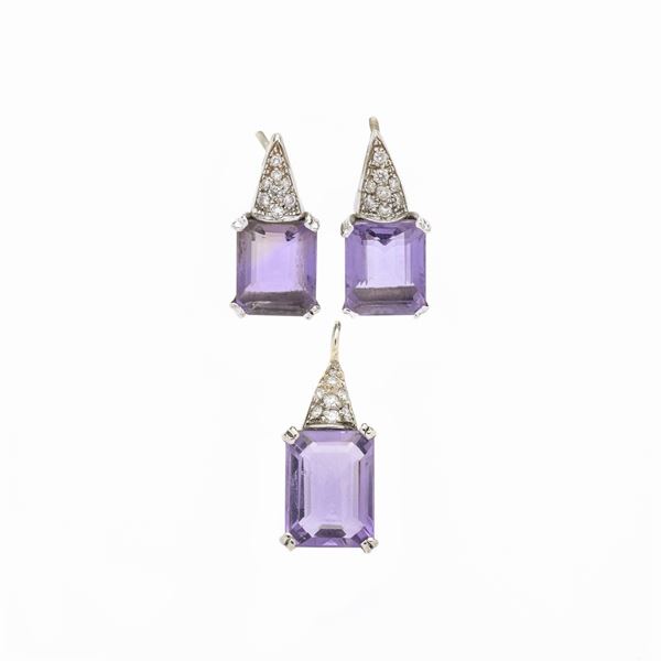 Set of pair of earrings and pendant in white gold, diamonds and amethyst