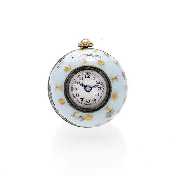 Leaning Clock boule in silver and white enamel and gold