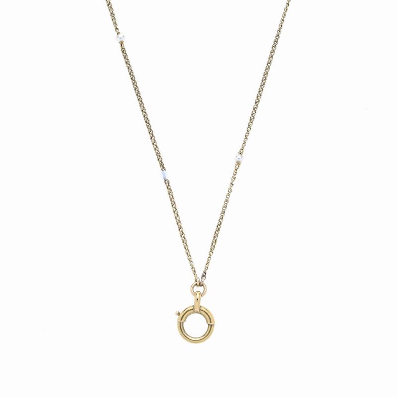 Lunga Catena da Orologio in Oro Giallo e Perle