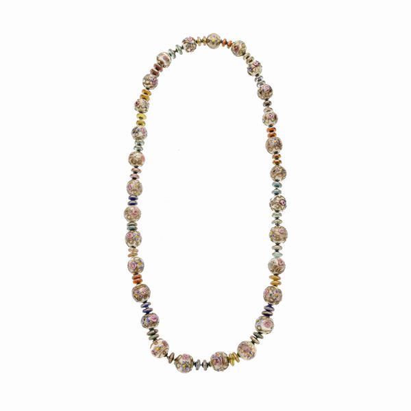 Necklace in gilded metal and painted glass