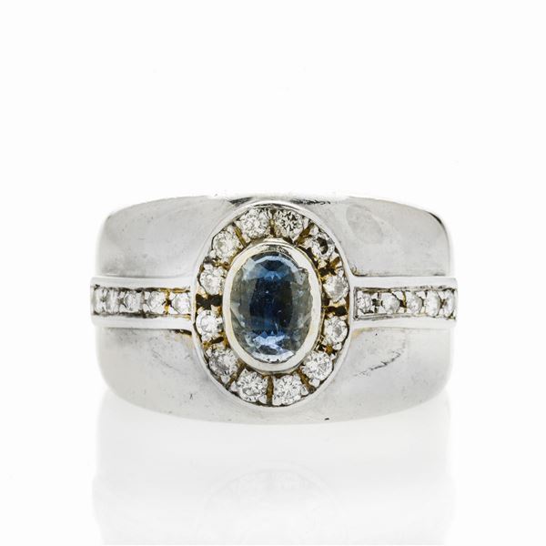 Band ring in white gold, diamonds and sapphire