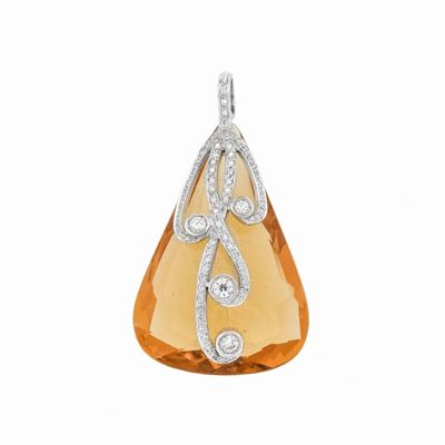 Grande Pendente in Quarzo Citrino, Oro Bianco e Diamanti