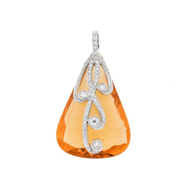 Grande pendente in quarzo citrino, oro bianco e diamanti