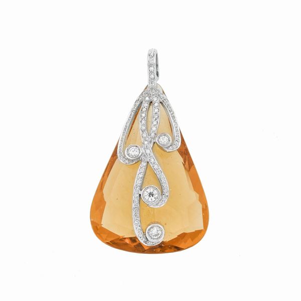 Large pendant in citrine quartz, white gold and diamonds