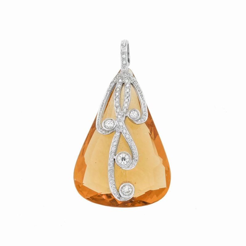 Grande Pendente in Quarzo Citrino, Oro Bianco e Diamanti