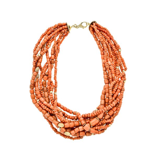 Torchon necklace in red coral and yellow gold