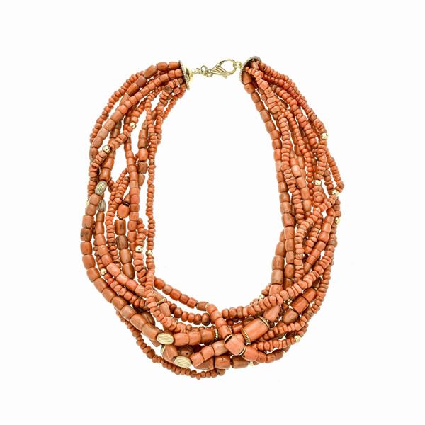 Torchon necklace in red coral and yellow gold