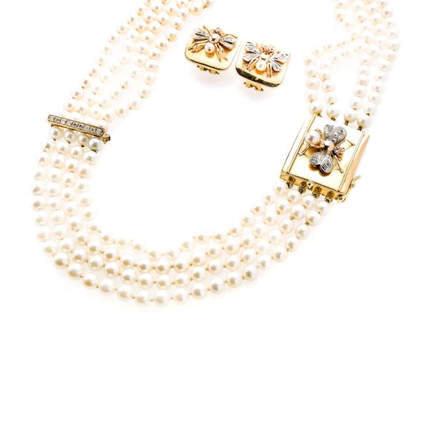 Parure with necklace and earrings in yellow gold, white gold, diamonds and pearls