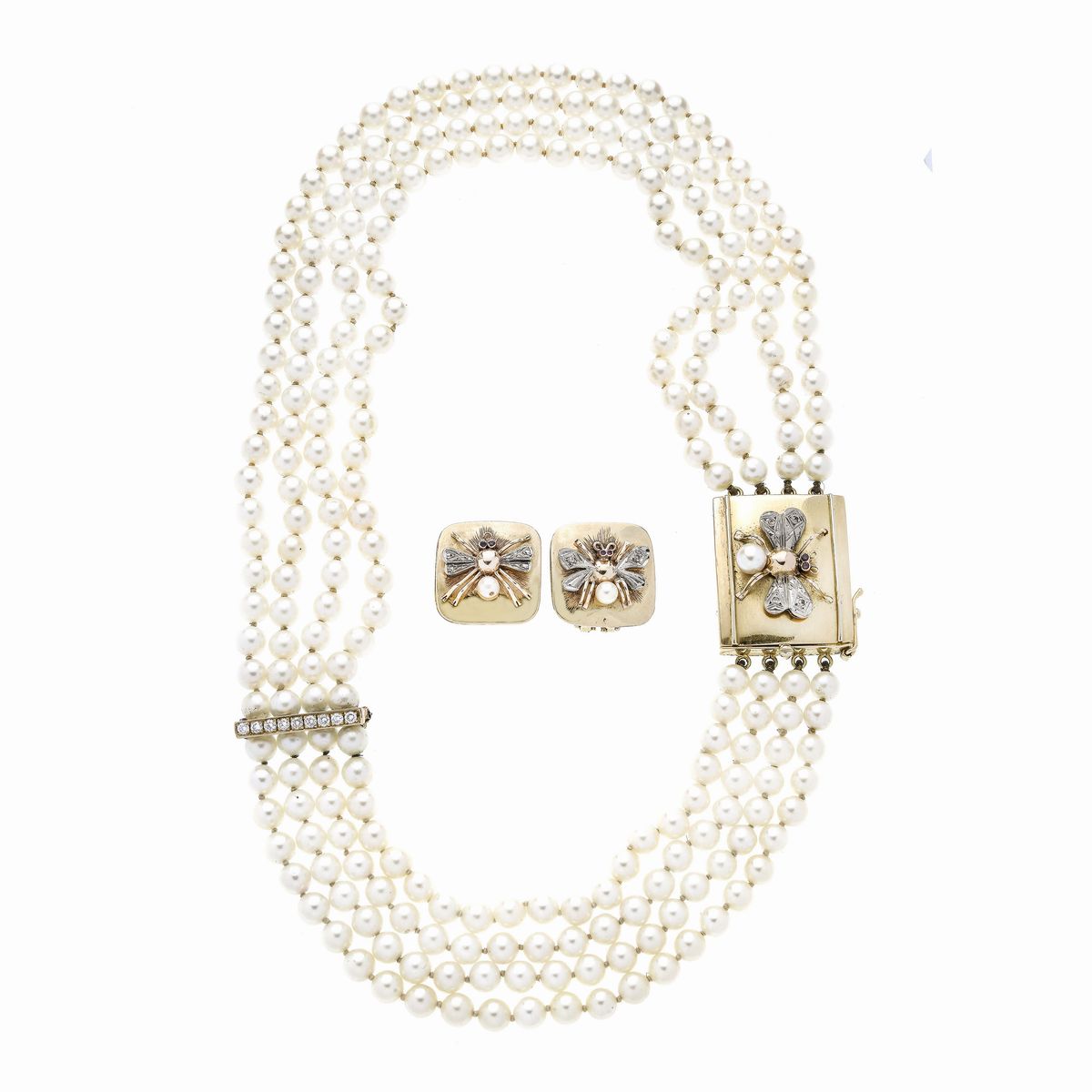 Parure con Collana e Orecchini in Oro Giallo, Oro Bianco, Diamanti e Perle Coltivate