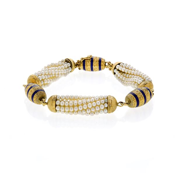 Bracelet in yellow gold, blue enamel and microbeads  - Auction Auction of Antique Jewelry, Modern and Watches - Curio - Casa d'aste in Firenze
