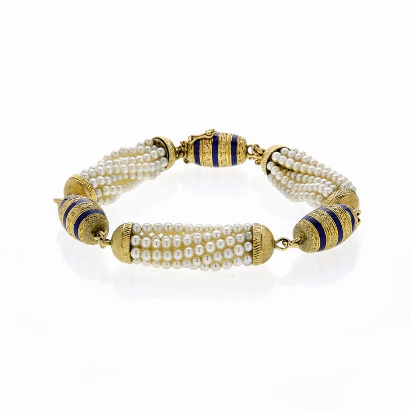 Braccialetto in Oro Giallo, Smalto Blu e Microperle