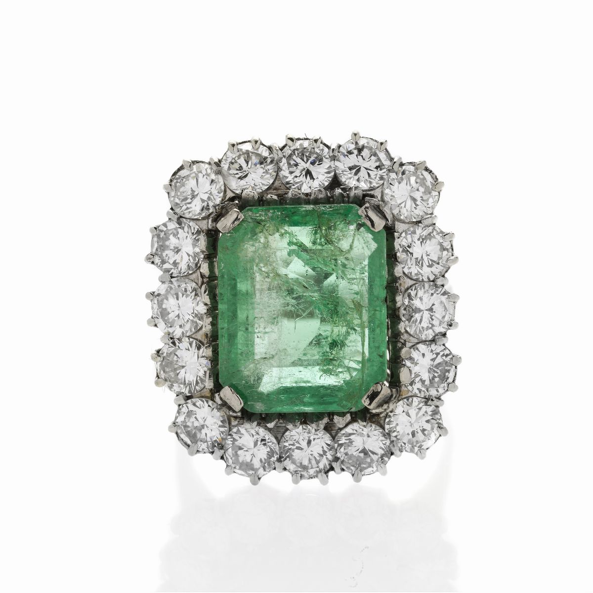 Anello in Oro Bianco, Diamanti e Smeraldo