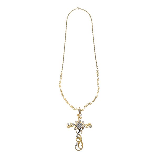 Large cross in yellow gold, silver, diamonds and pearls