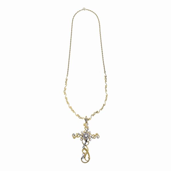 Large cross in yellow gold, silver, diamonds and pearls