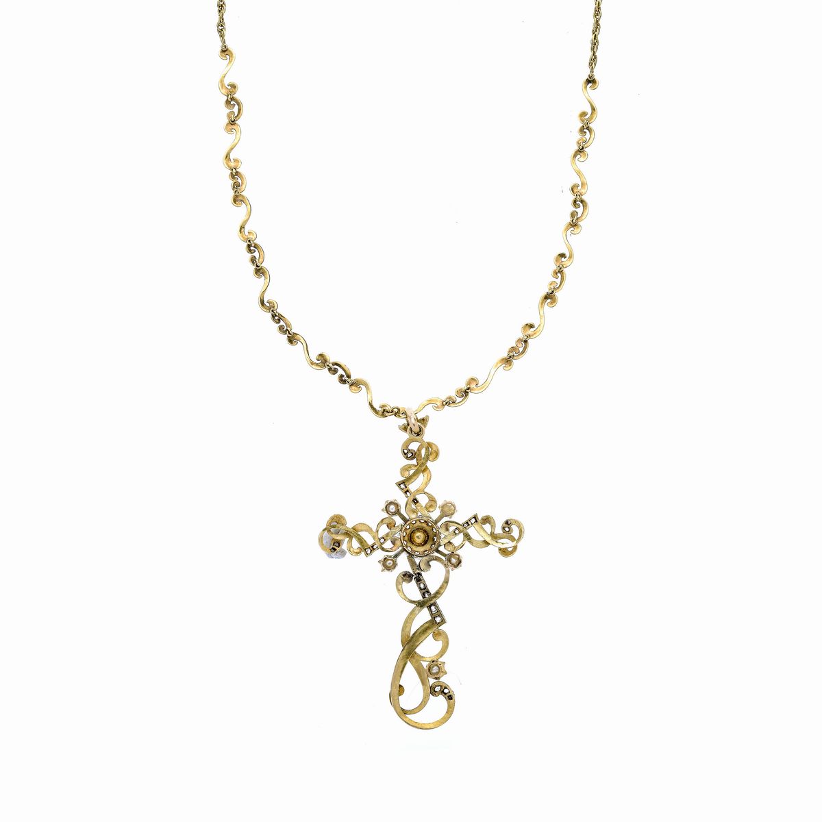 Grande Croce in Oro Giallo, Argento, Diamanti e Perle