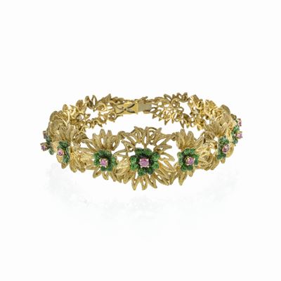 Bracciale in Oro Giallo, Smalto Verde e Rubini