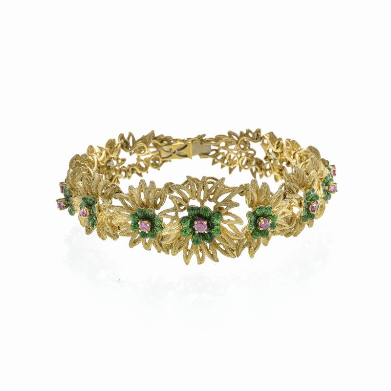 Bracciale in Oro Giallo, Smalto Verde e Rubini