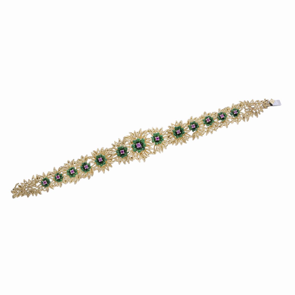 Bracciale in Oro Giallo, Smalto Verde e Rubini