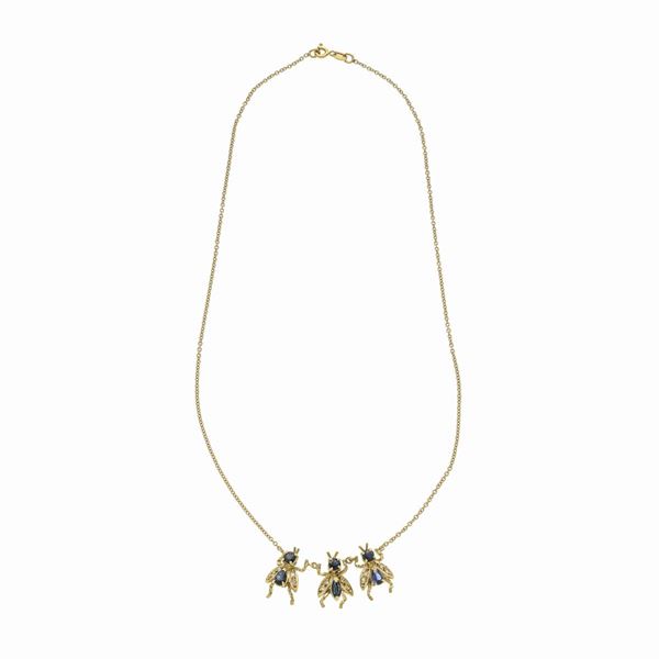 Necklace in yellow gold, diamonds and sapphires