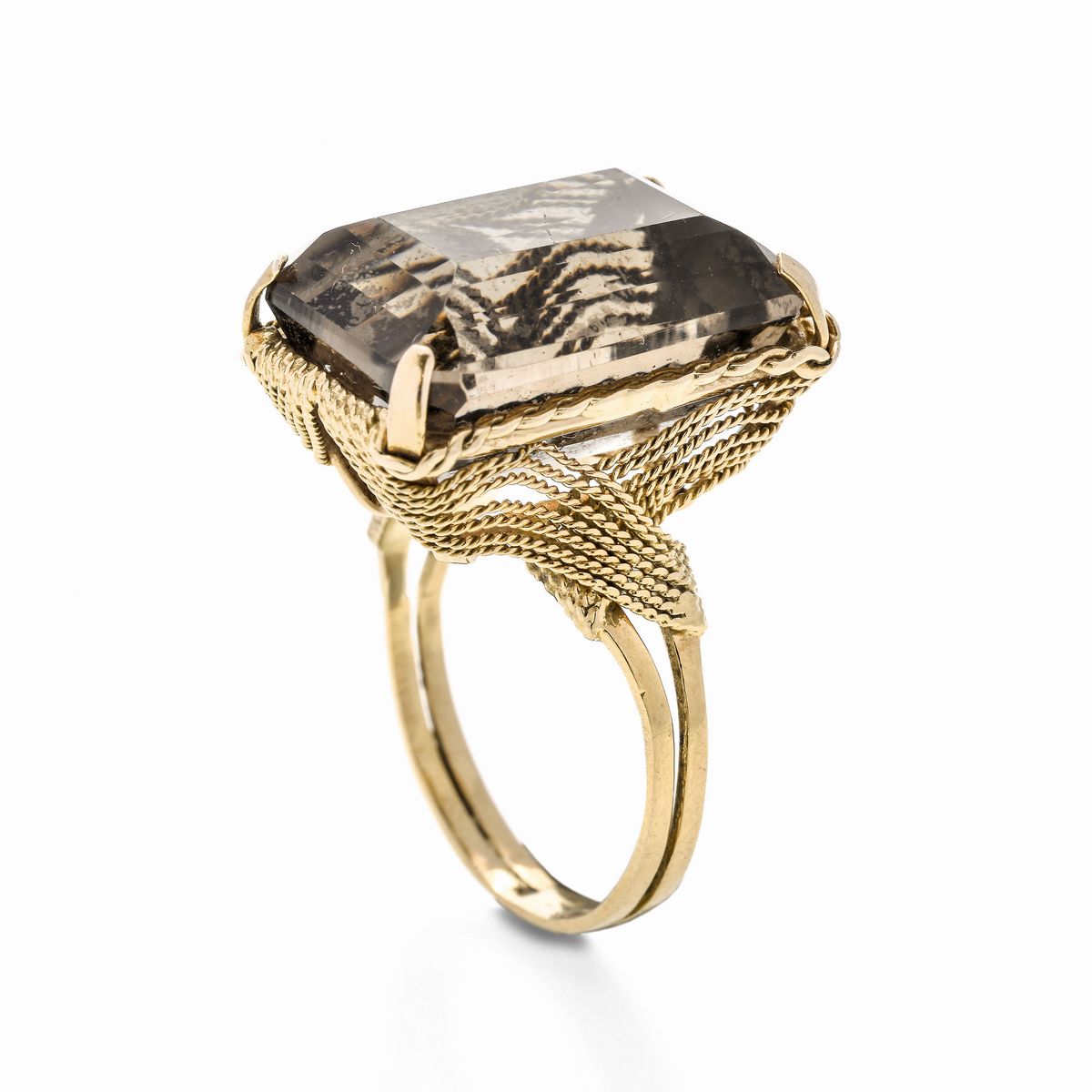 Anello in Oro Giallo e Quarzo Fumè