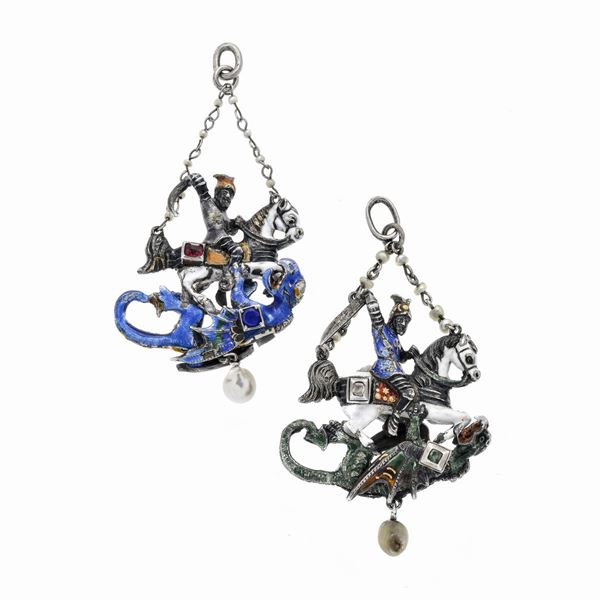 Two pendants in silver colored enamels and pearl
