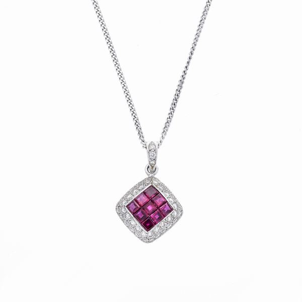Chain with pendant in white gold, diamonds and rubies