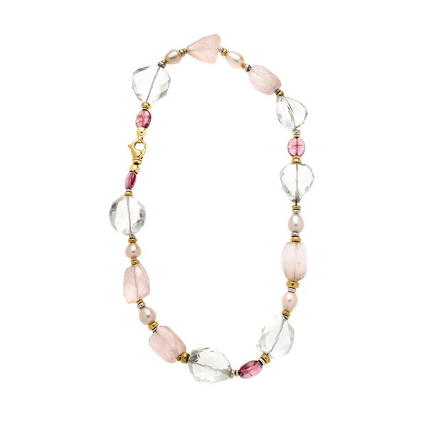 Necklace in yellow gold, quartz, rose quartz, tourmalines and cultured pearls