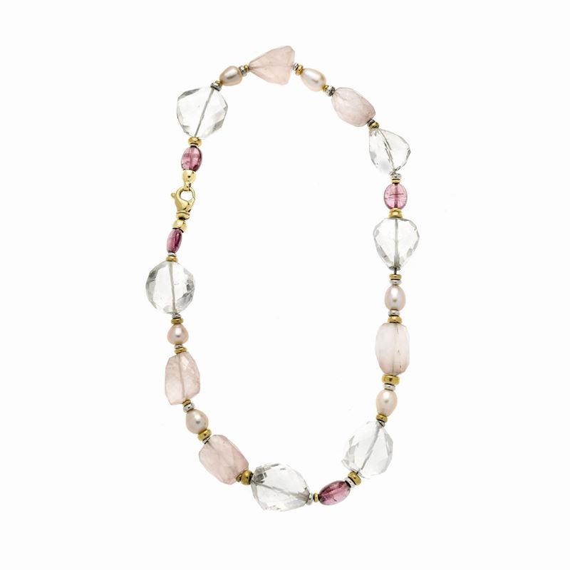 Girocollo in Oro Giallo, Quarzo, Quarzo Rosa, Tormaline e Perle Coltivate