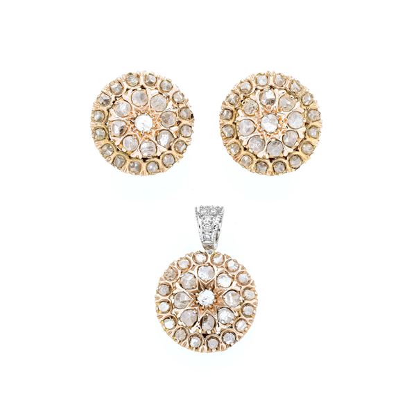 Pair of clip-on earrings and pendant in yellow gold and diamonds