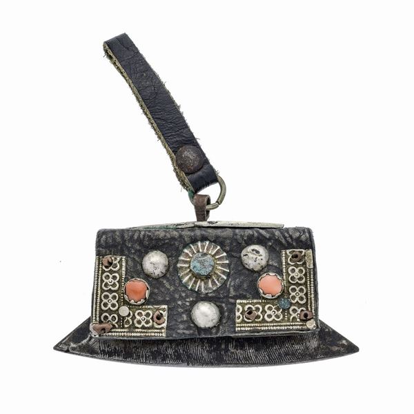 Purse leather, silver, copper, turquoise and red stones