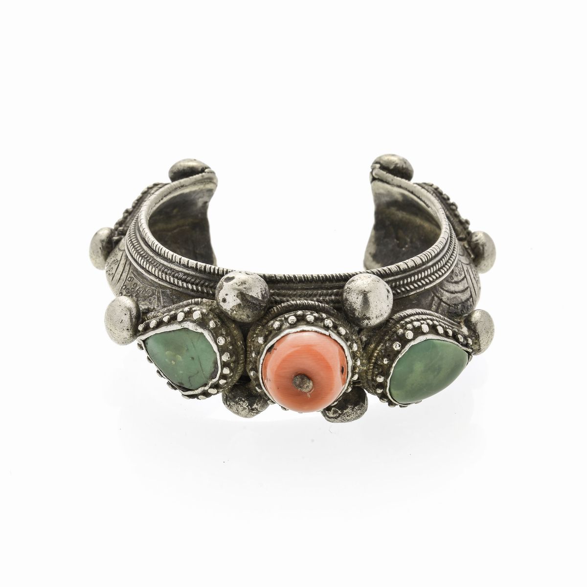 Bracciale e Paio di Orecchini in Argento, Rame, Turchese e Pietre Rosse