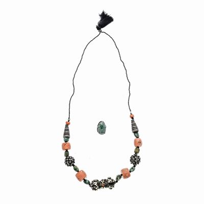 Lunga Collana ed Anello in Argento, Turchese e Corallo