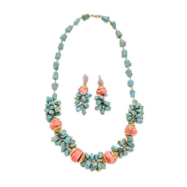 Necklace and pair of earrings in yellow gold, coral and turquoise  (Venezia anni Sessanta)  - Auction Hermès and Summer Jewels - Curio - Casa d'aste in Firenze