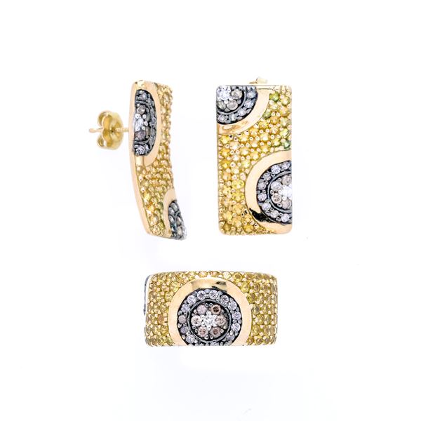 Set with pair of earrings and ring in yellow gold, diamonds, yellow diamonds and brown diamonds