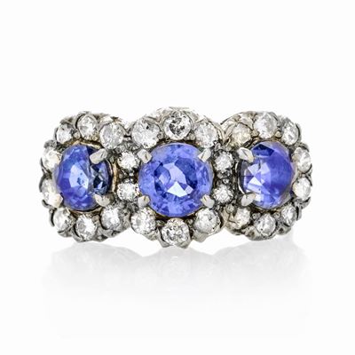 Anello in Oro Bianco, Argento, Diamanti e Zaffiri