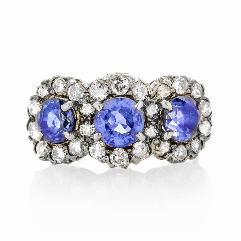 Anello in Oro Bianco, Argento, Diamanti e Zaffiri