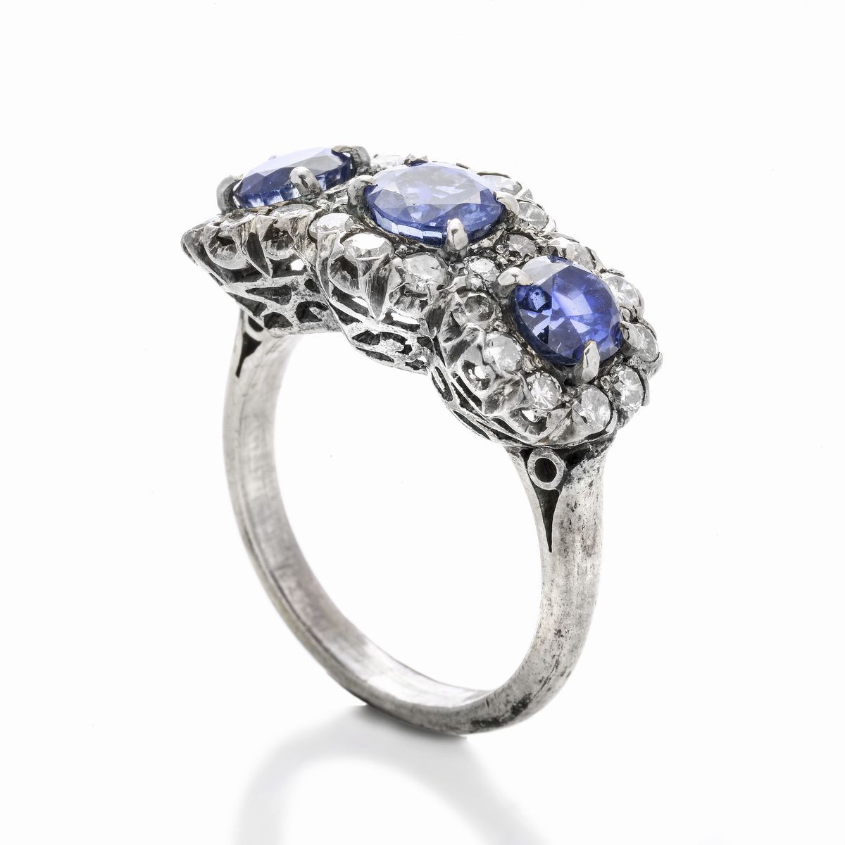Anello in Oro Bianco, Argento, Diamanti e Zaffiri