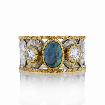 Anello a Fascia in Oro Giallo, Oro Bianco, Diamanti e Opale
