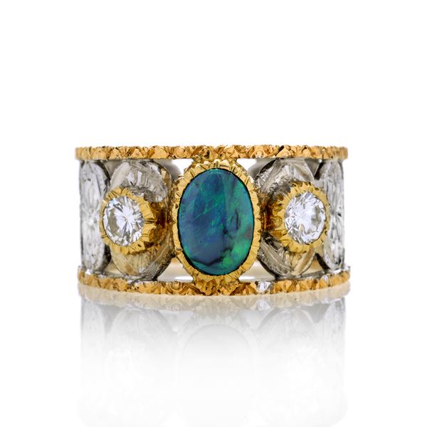 Band ring in yellow gold, white gold, diamonds and opal