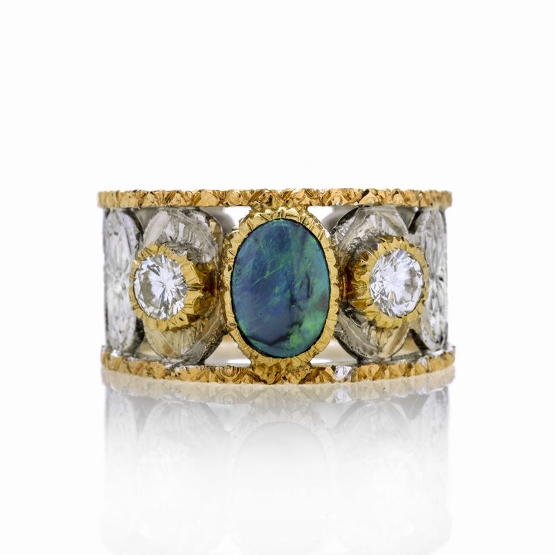 Anello a Fascia in Oro Giallo, Oro Bianco, Diamanti e Opale