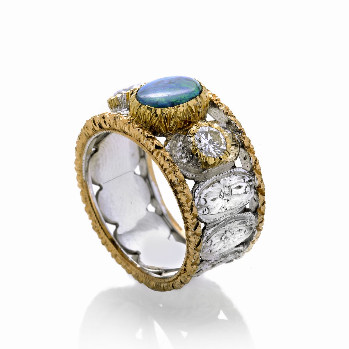 Anello a Fascia in Oro Giallo, Oro Bianco, Diamanti e Opale