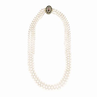 Lunga Collana in Perle Coltivate, Oro Giallo, Argento, Rubini
