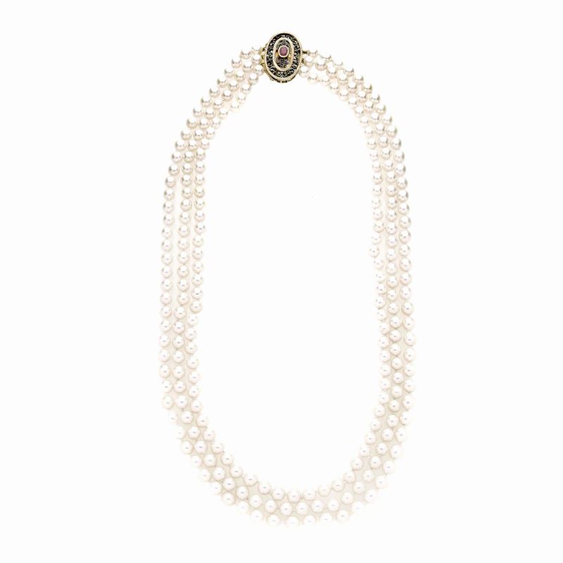 Lunga Collana in Perle Coltivate, Oro Giallo, Argento, Rubini
