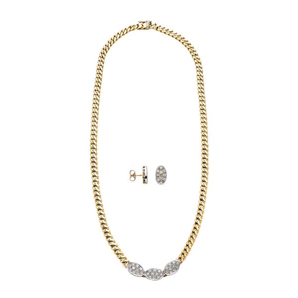 Parure composed of a choker and earrings in yellow gold, white gold and diamonds