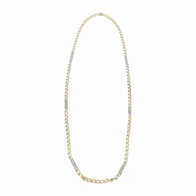 Lunga Collana in Oro Giallo, Oro Bianco e Diamanti