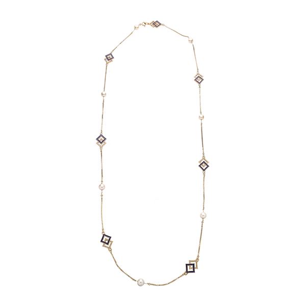 Long necklace in yellow gold, blue enamel and cultured pearls