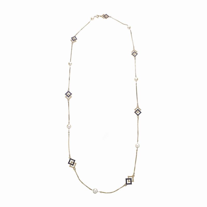 Lunga Collana in Oro Giallo, Smalto Blu e Perle Coltivate