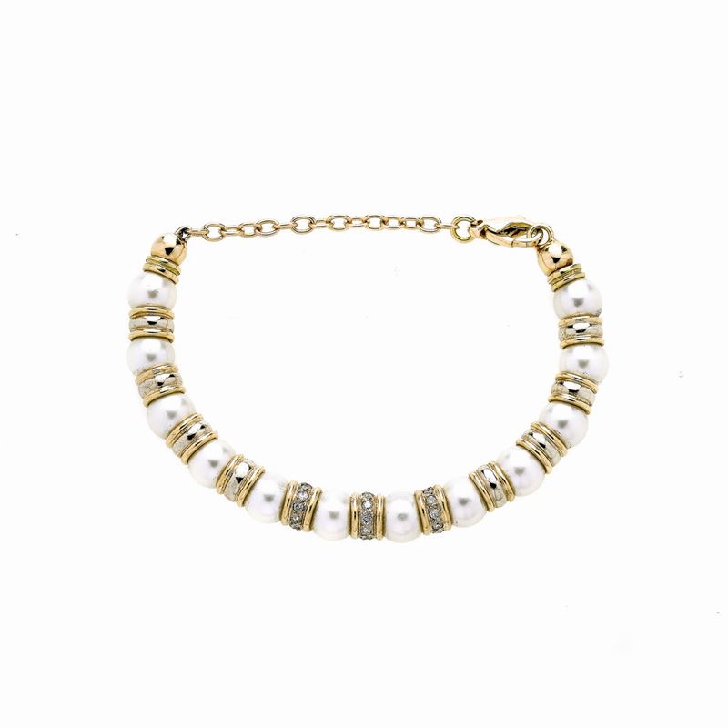 Bracciale Semirigido in Oro Giallo, Diamanti e Perle Coltivate
