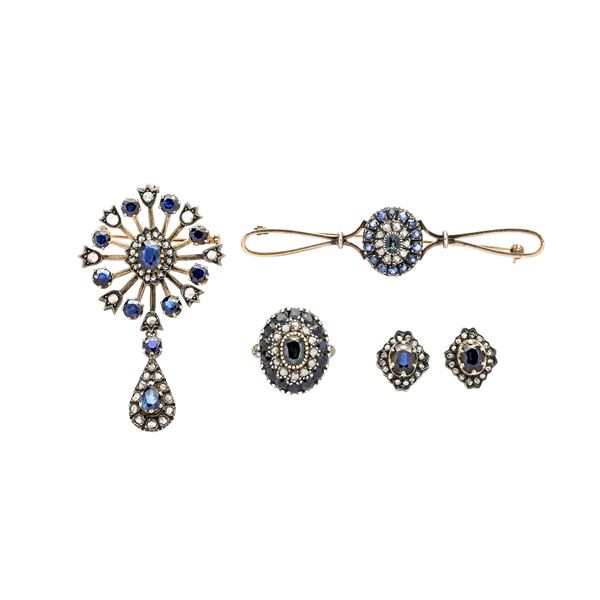Set composto da pendente,spilla,orecchini e anello in oro basso,oro giallo,argento,diamanti,zaffiri